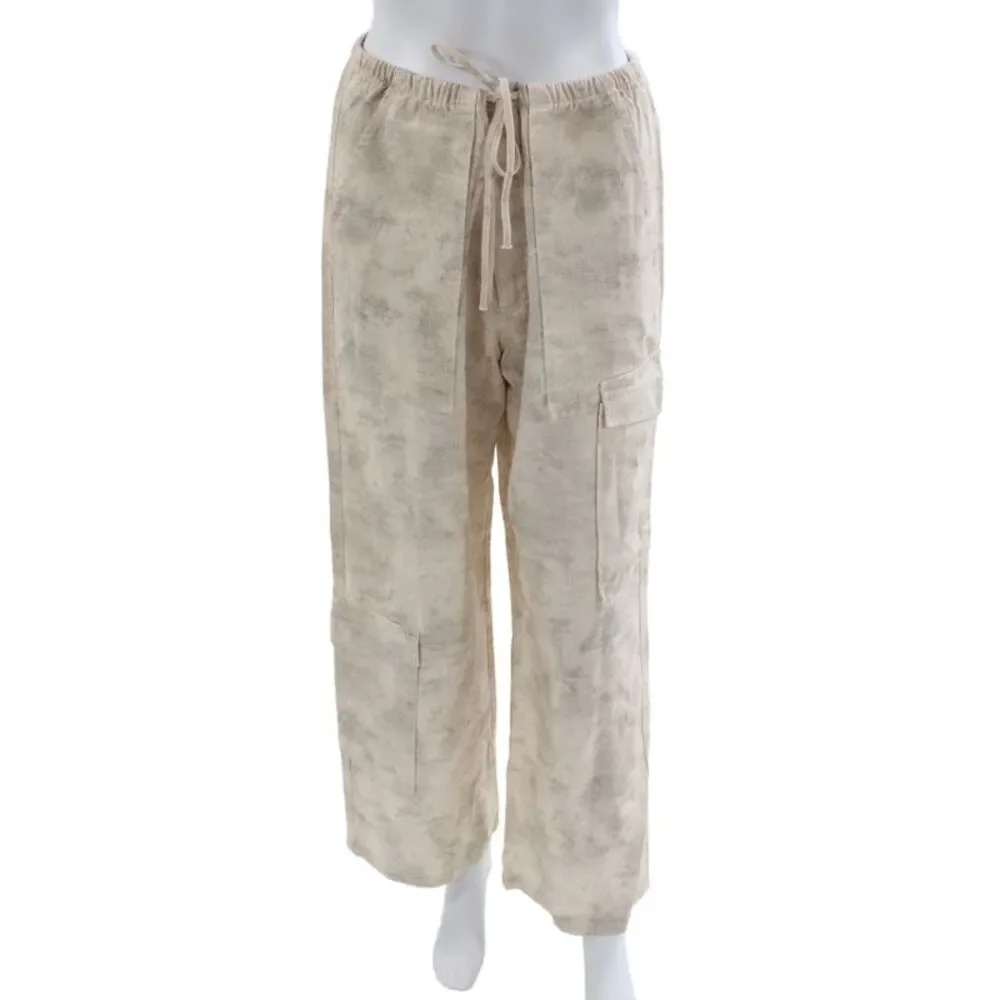 Zara Women Cargo Beige Linen Tie Dye Drawstring Pants Size M
